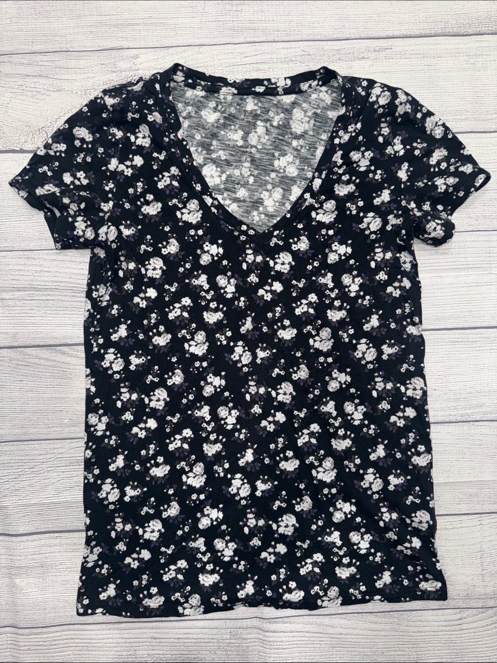 PINK Victoria's Secret Black V-Neck Floral Short Sleeve Tee